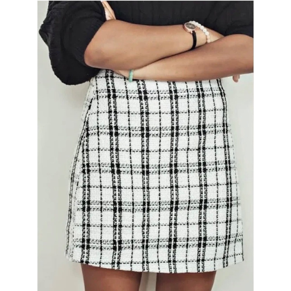 Storia Womens Black White Plaid Tweed Mini Skirt Large Preppy Dark Academia